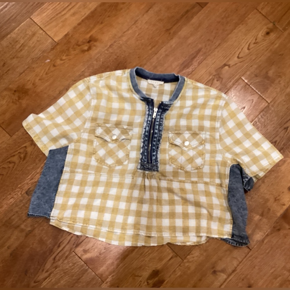 Gingham and denim trim cropped shirt